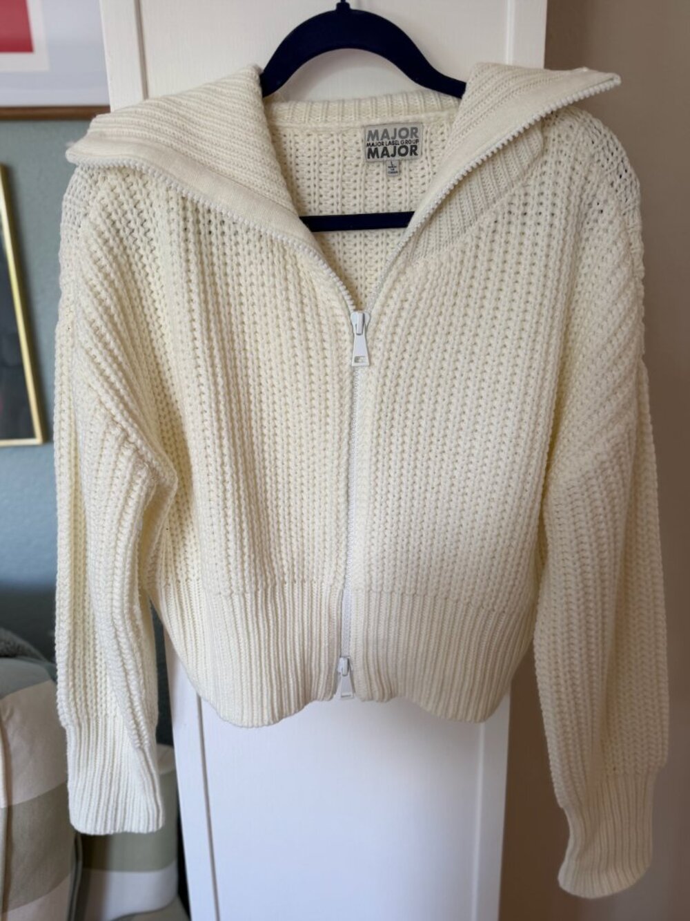 Major Label Group Cream Chunky Knit Zip Up Sweater